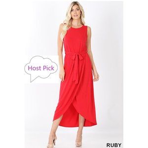 Ruby Red Tulip Dress Belted Sleeveless  - Hi-Low Summer dress
